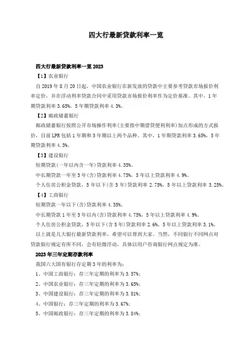 四大行最新贷款利率一览
