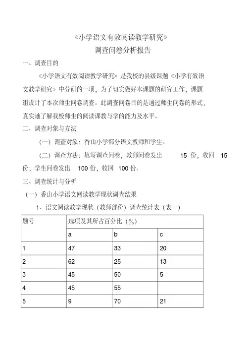 《小学语文有效阅读教学研究》调查问卷分析报告