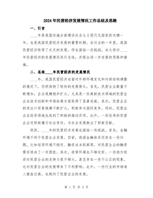 2024年民营经济发展情况工作总结及思路