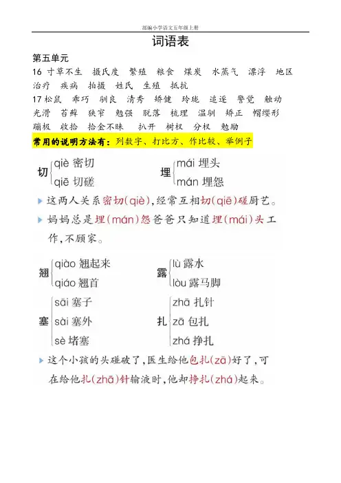 部编小学语文五年级上册词语表(5-8单元)