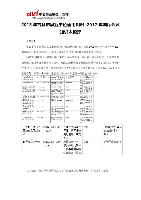 2018年吉林市事业单位通用知识：2017年国际会议知识点梳理
