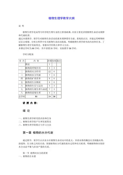 植物生理学教学大纲
