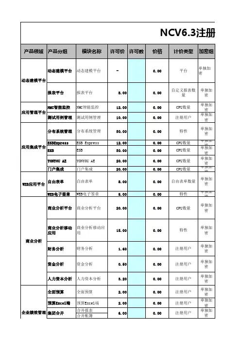 用友NCV6.3产品报价单