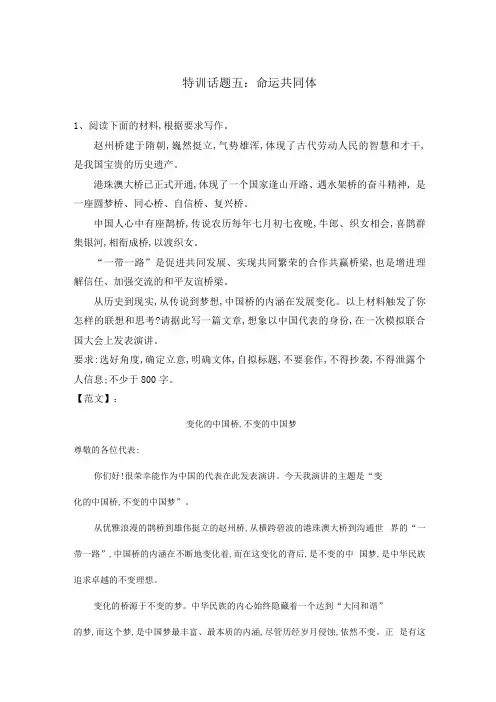 2020年高考语文作文考前特训话题五：命运共同体