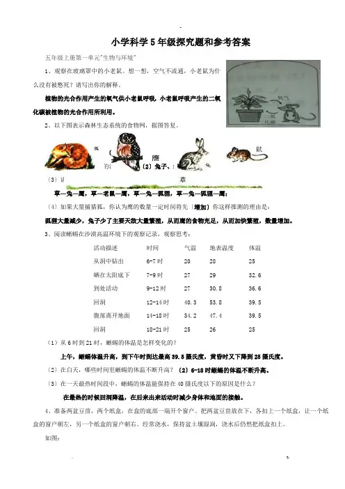 小学科学5年级探究题全册