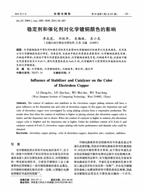 稳定剂和催化剂对化学镀铜颜色的影响