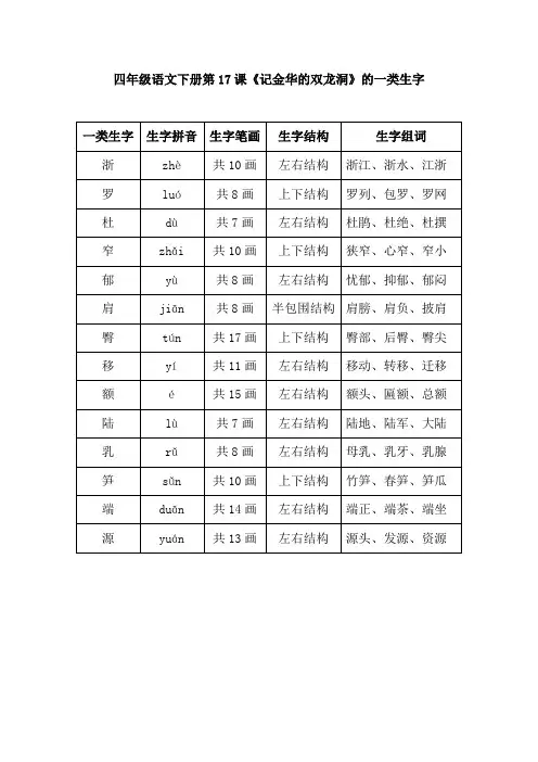 四年级语文下册第17课《记金华的双龙洞》的一类生字