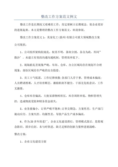 整改工作方案范文例文