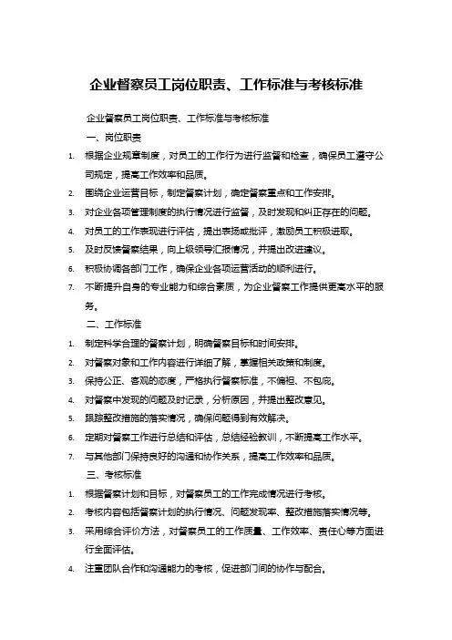企业督察员工岗位职责、工作标准与考核标准