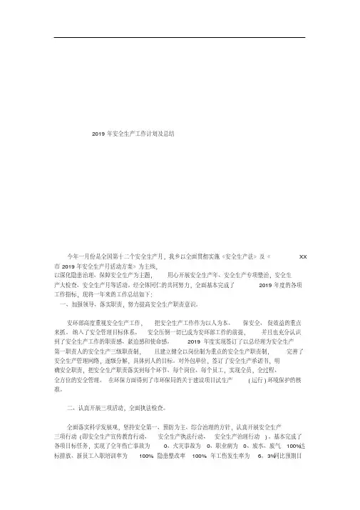 2019年安全生产工作计划及总结