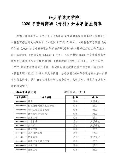 兰州交通大学博文学院2020年普通高职(专科)升本科招生简章【模板】