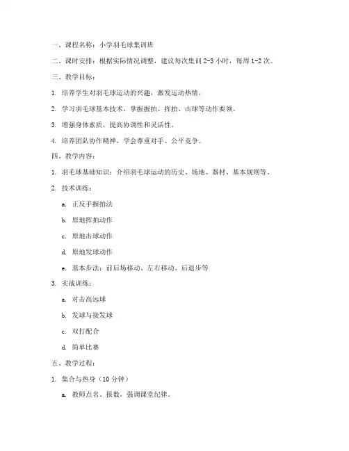小学羽毛球集训班教案模板