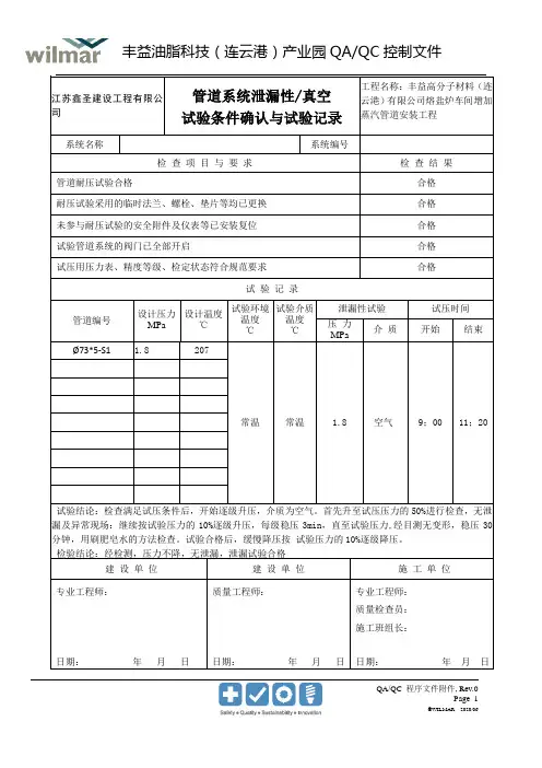 Wilmar管道系统泄漏性、真空试验条件确认与试验记录