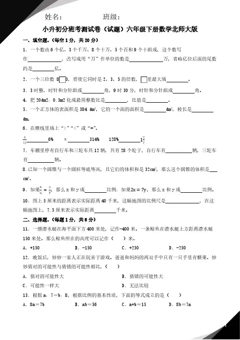 小升初分班考测试卷(试题)2023-2024学年六年级下册数学北师大版(含答案)