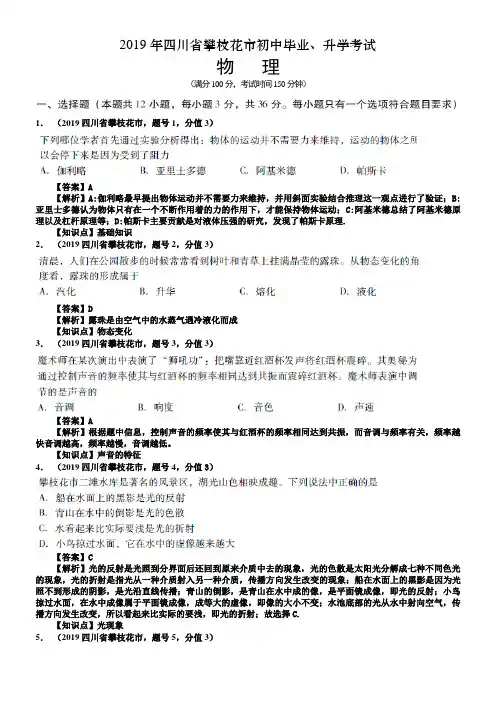 2019年四川省攀枝花市中考物理试卷及答案