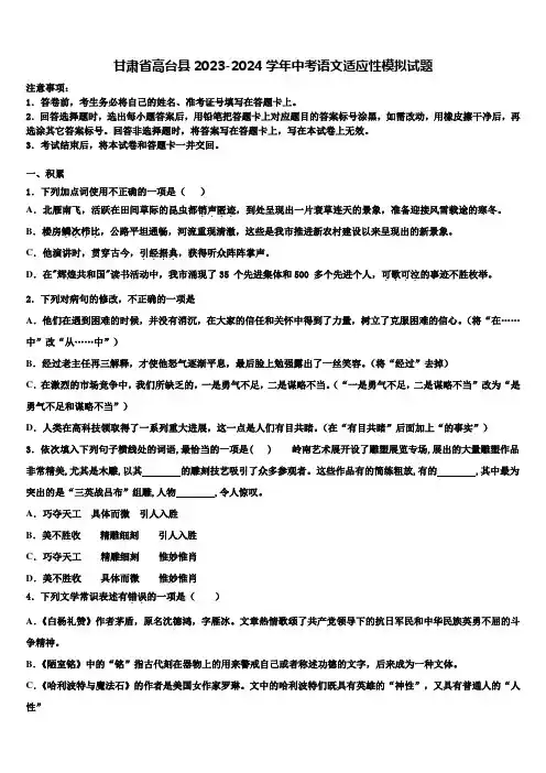 甘肃省高台县2023-2024学年中考语文适应性模拟试题含解析
