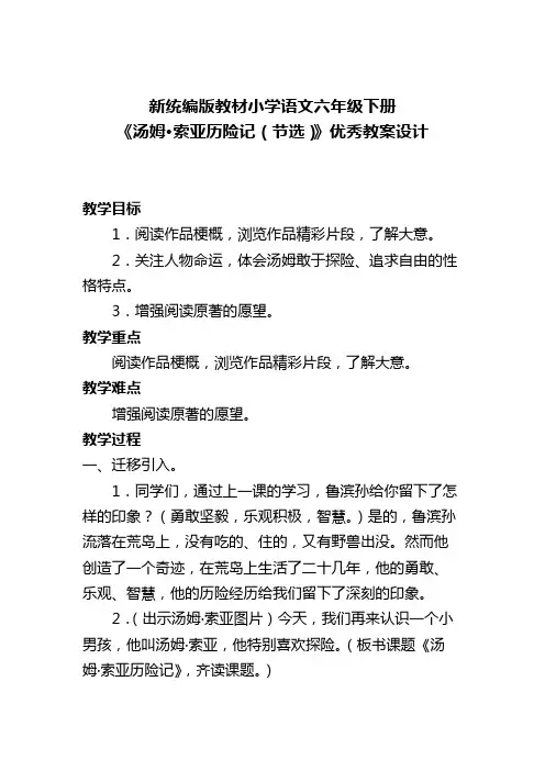 新统编版教材小学语文六年级下册《汤姆索亚历险记(节选)》优秀教案设计