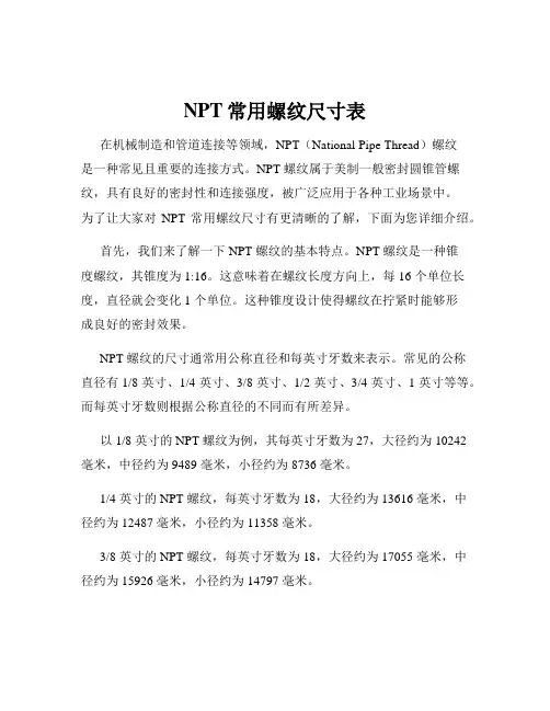 NPT常用螺纹尺寸表