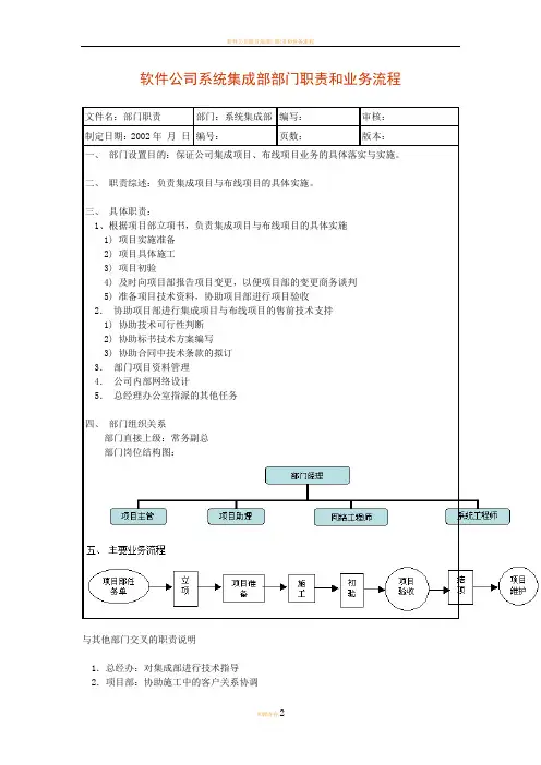 岗位说明书软件公司系统集成部部门职责和业务流程