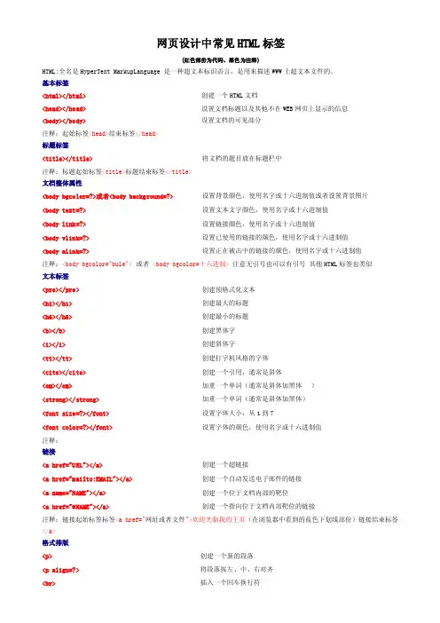 网页设计中常见HTML标签（红色部份为代码、黑色为注释）