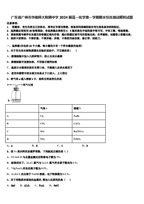 广东省广州市华南师大附属中学2024届高一化学第一学期期末综合测试模拟试题含解析
