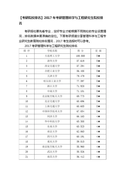 【考研院校排名】2017年考研管理科学与工程研究生院校排名