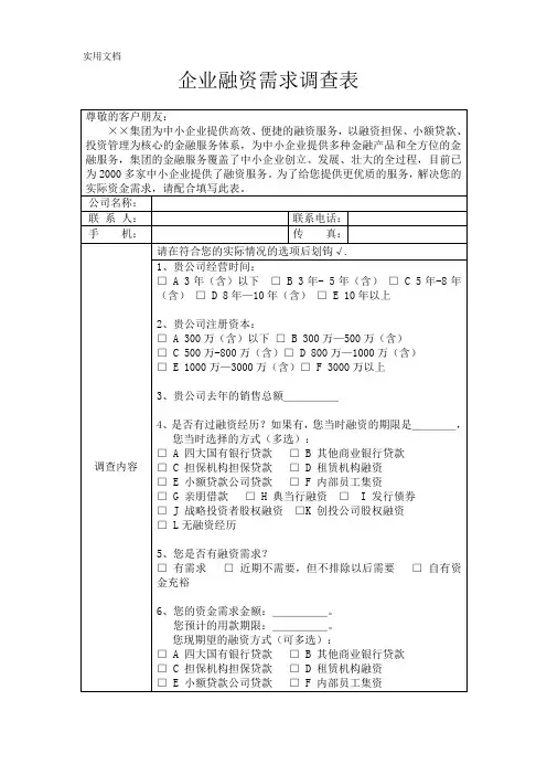 企业融资需求调查表