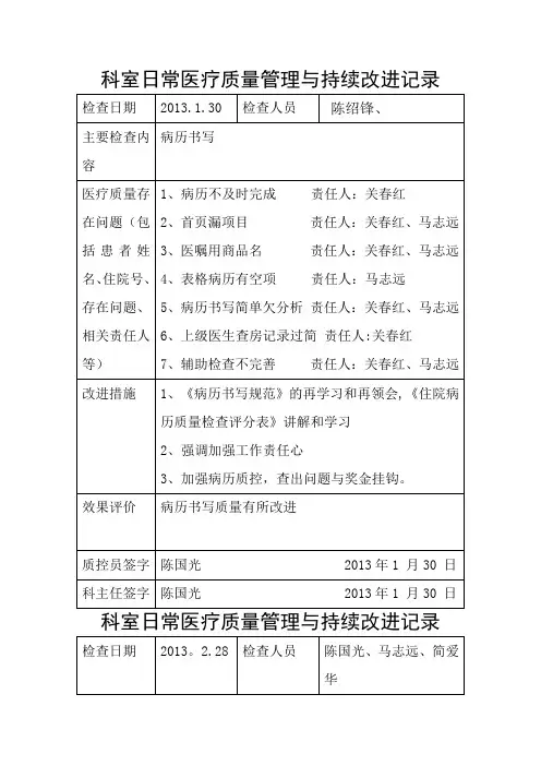 科室日常医疗质量管理与持续改进记录表(例)