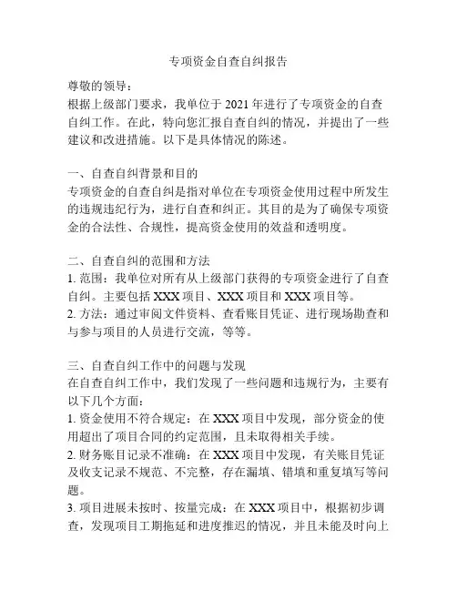 专项资金自查自纠报告