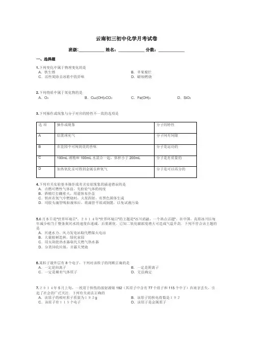 云南初三初中化学月考试卷带答案解析
