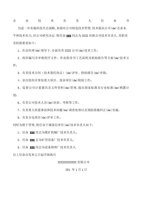 公司企业技术负责人任命书