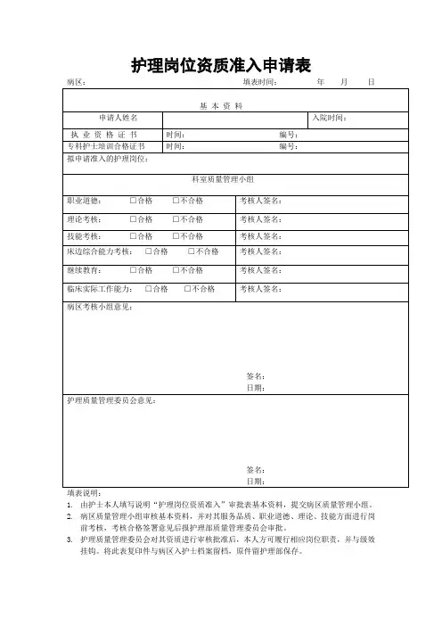 (完整word版)2、《护理岗位资质准入审批表》