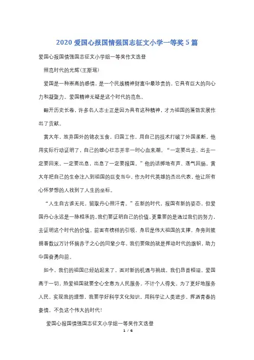 2020爱国心报国情强国志征文小学一等奖5篇