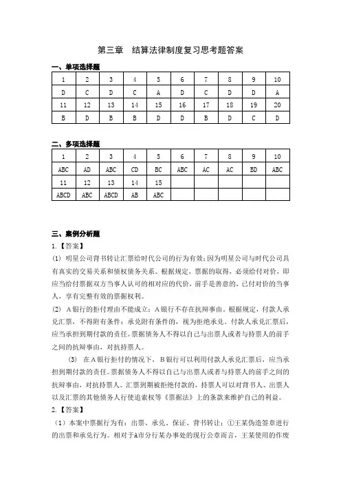《经济法基础》课后复习题思考答案 第三章  结算法律制度课后练习题答案
