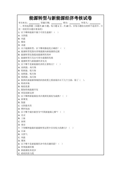 能源转型与新能源经济考核试卷