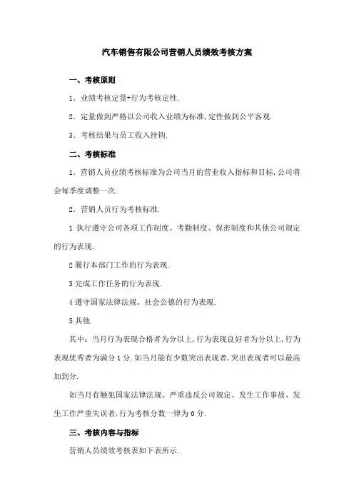 汽车销售人员绩效考核方案