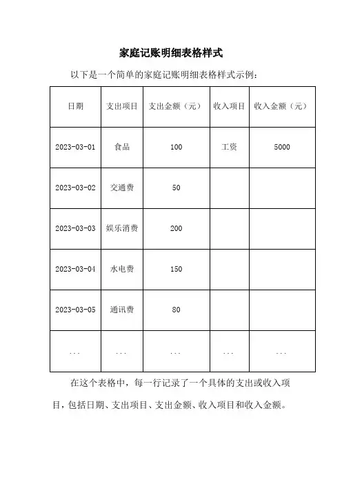 家庭记账明细表格样式