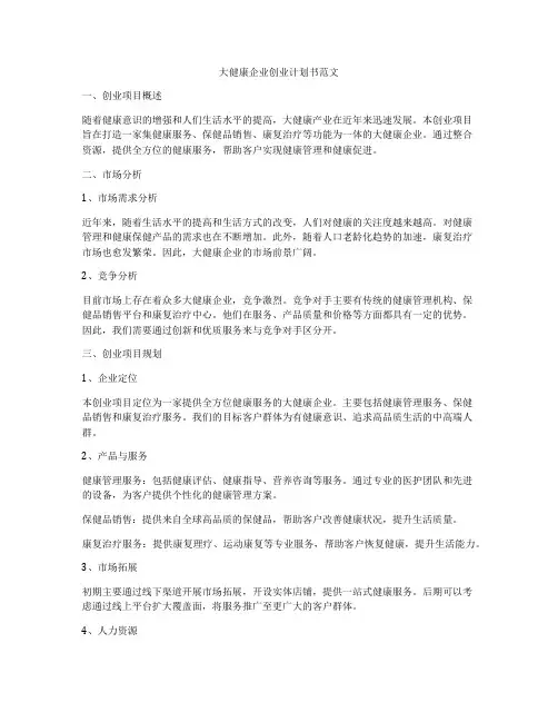 大健康企业创业计划书范文
