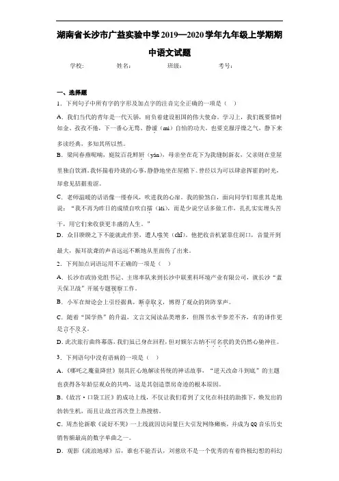 湖南省长沙市广益实验中学2019—2020学年九年级上学期期中语文试题