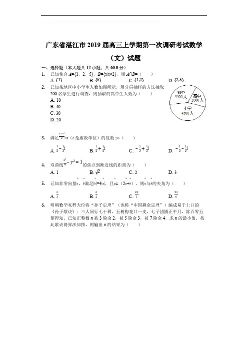 广东省湛江市2019届高三上学期第一次调研考试数学(文)试题(含精品解析)