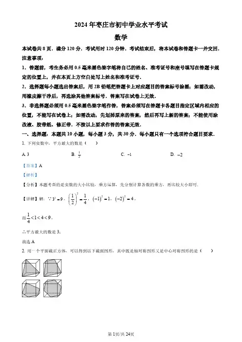 2024年山东省枣庄市中考 数学试题(枣庄聊城临沂菏泽)(解析版)
