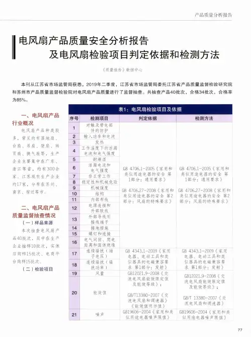 电风扇产品质量安全分析报告及电风扇检验项目判定依据和检测方法