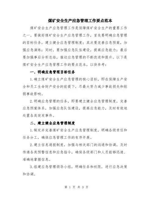 煤矿安全生产应急管理工作要点范本