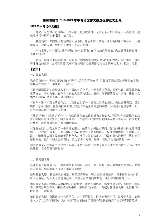 湖南娄底市2018-2019年中考语文作文题及优秀范文汇集
