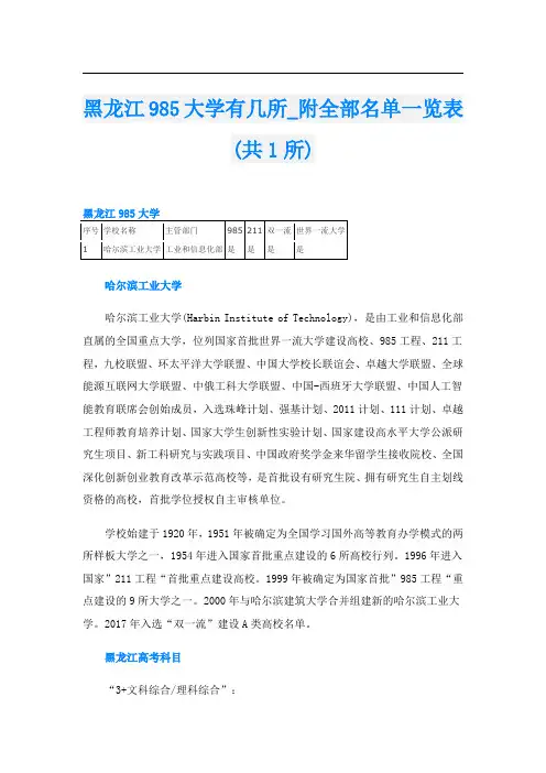 黑龙江985大学有几所_附全部名单一览表(共1所)