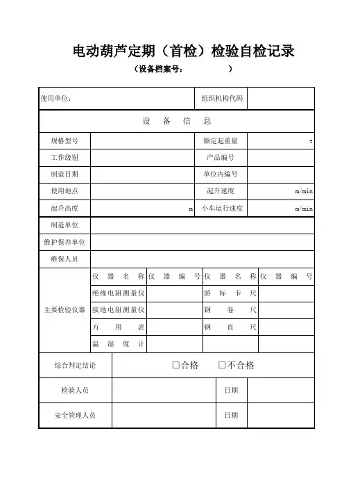 电动葫芦定期首检检验自检记录