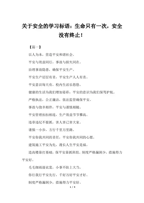 关于安全的学习标语：生命只有一次,安全没有终止!