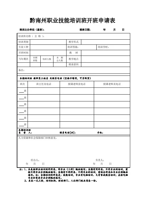 黔南州职业技能培训班开班申请表