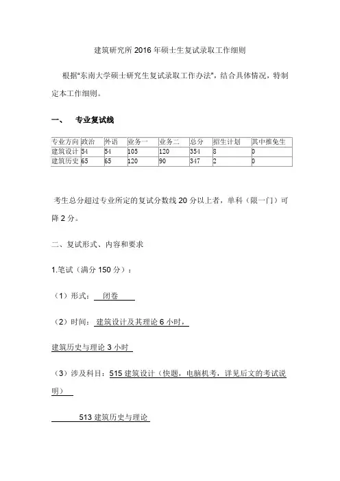 东南大学建筑研究所2016年硕士生复试录取工作细则