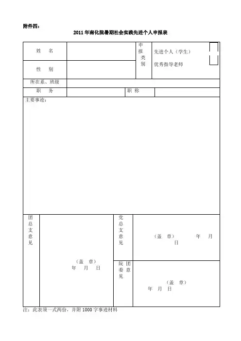 社会实践优秀个人申请表格